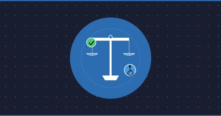 Scales of justice with wheelchair accessibility badge representing ADA compliance for law firm websites